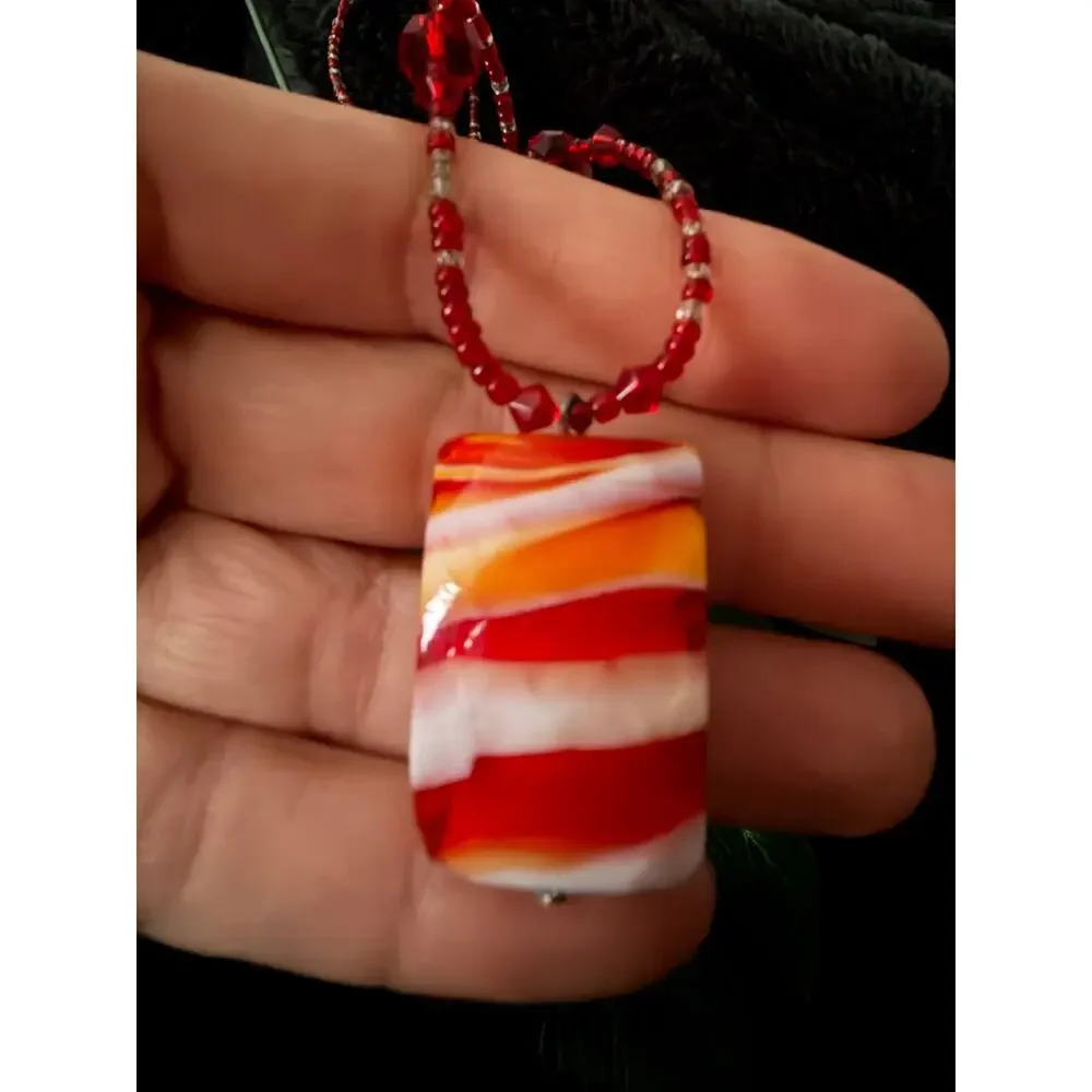 Red Orange White Swirl Art Glass Pendant Beaded Necklace Boho Y2K Statement